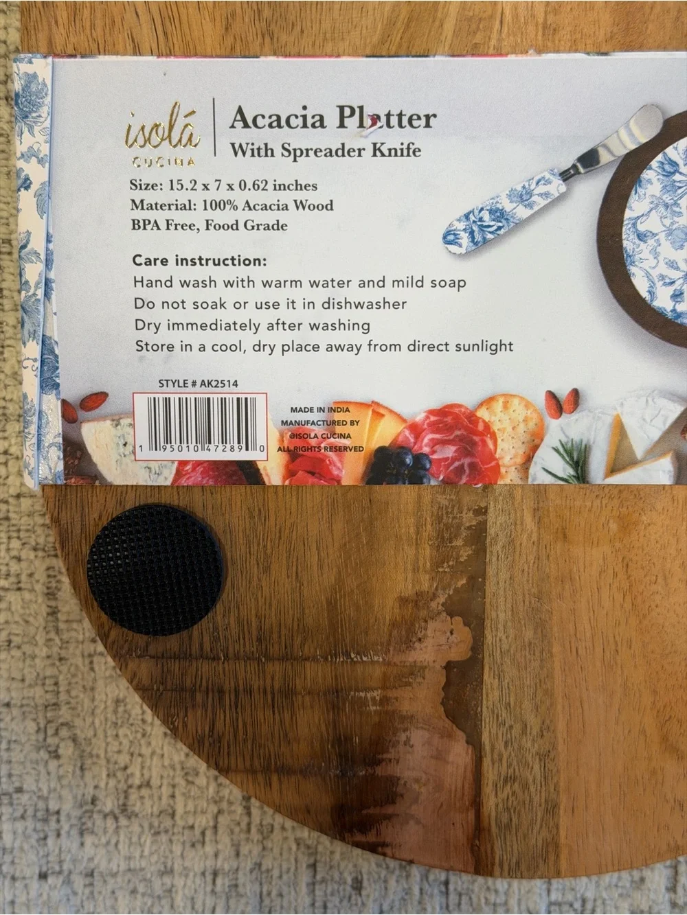 Isola Cucina Acacia Wood Platter Serving Board w/ Spreader Knife Blue Floral